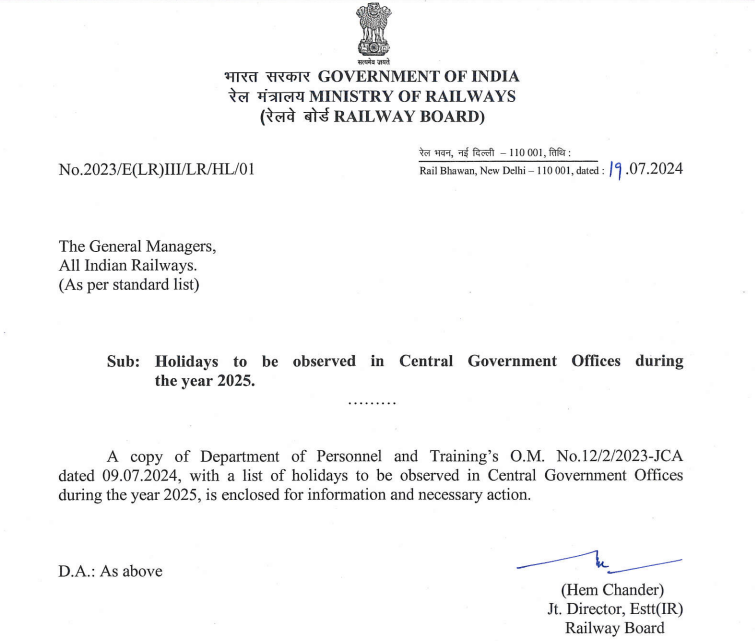 Indian Railways Administrative Office Holidays 2025 PDF