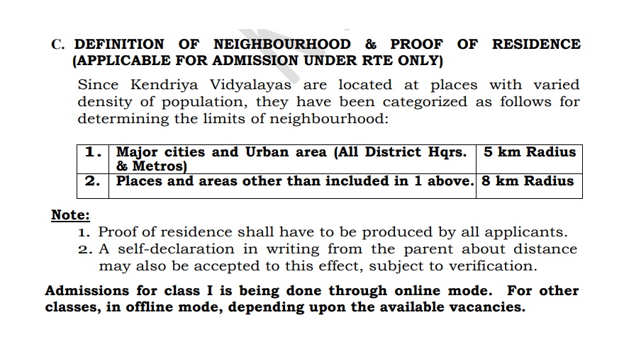KVS Admission 2025-26 Distance Criteria from School to Residence
